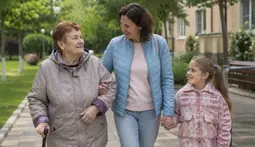 пожилая женщина гуляет с семьей