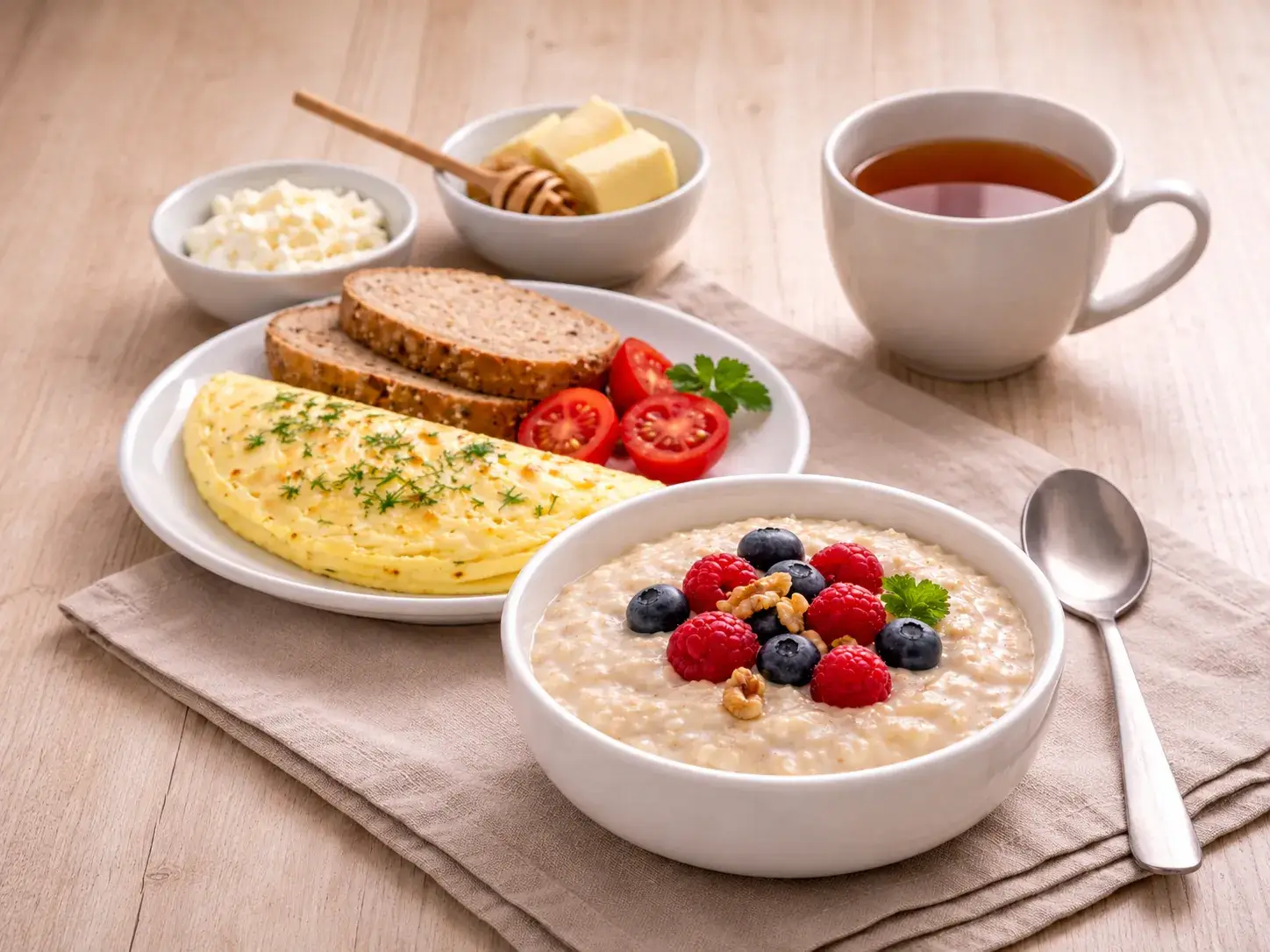овсяная каша на молоке, омлет паровой, черный чай