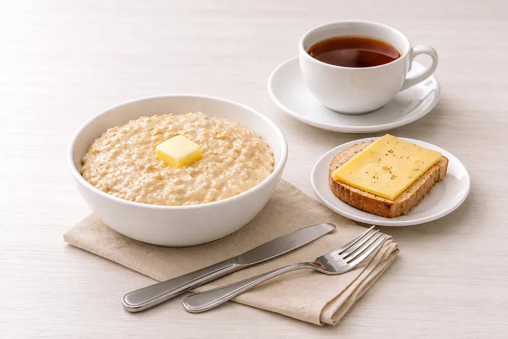 овсяная каша, бутерброд с сыром, чай