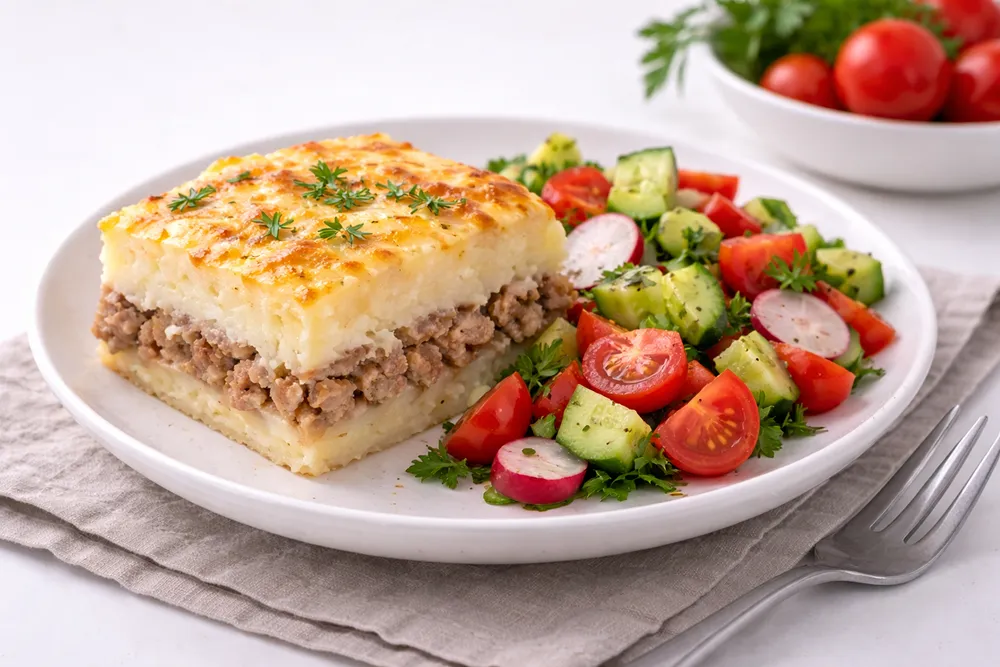 картофельная запеканка с мясным фаршем, овощной салат